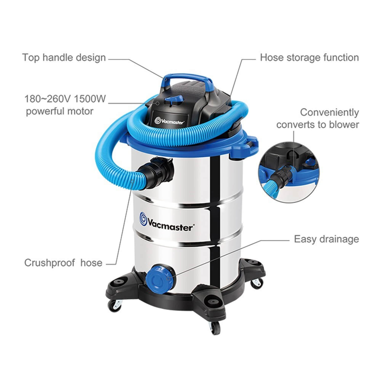 Vacmaster 1500W 38L Wet and Dry Vacuum Cleaner With Air Blower